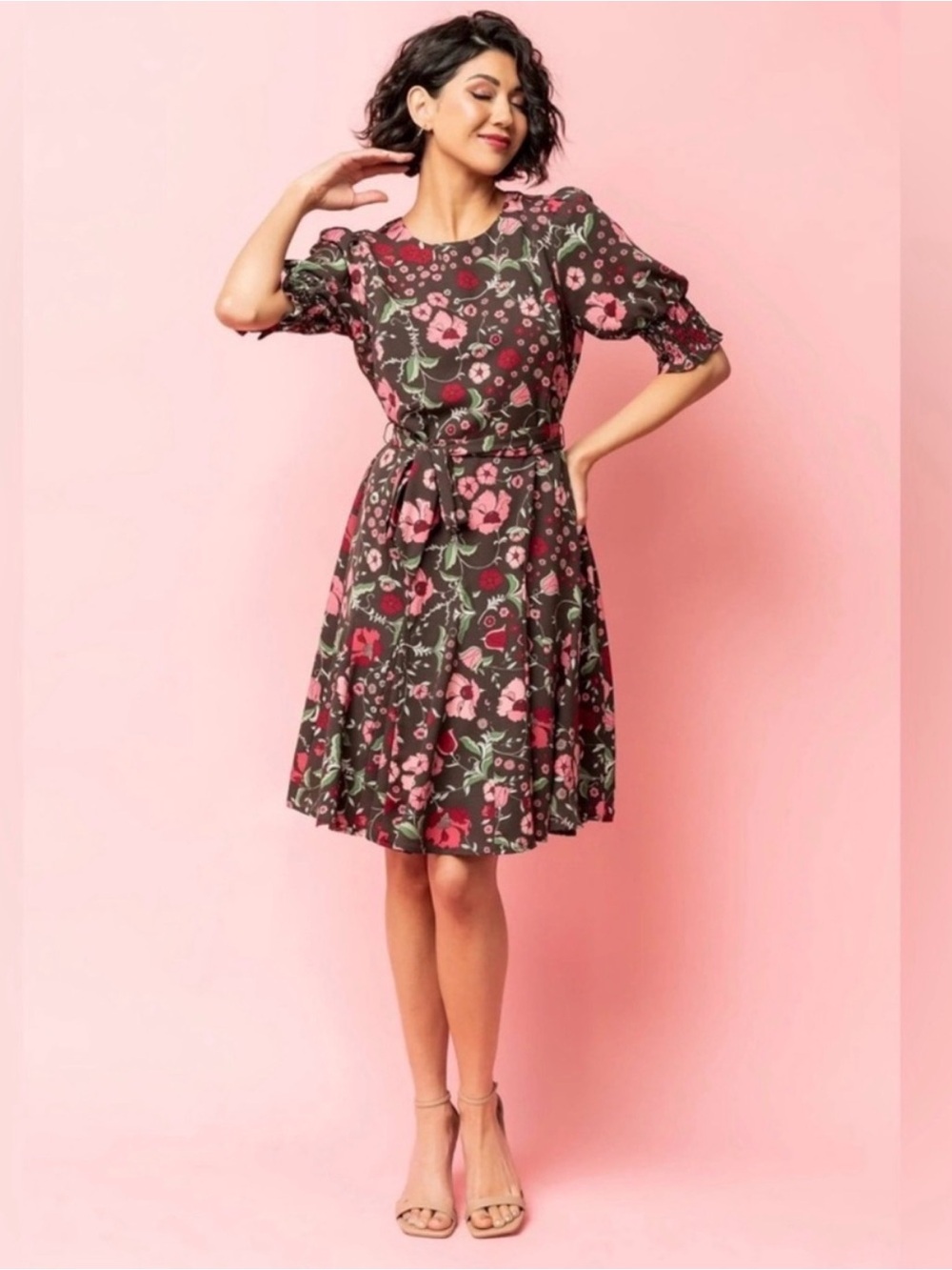Baltic Born Cherie Flare Dress Belted Floral Print Feminine Women’s L NEW